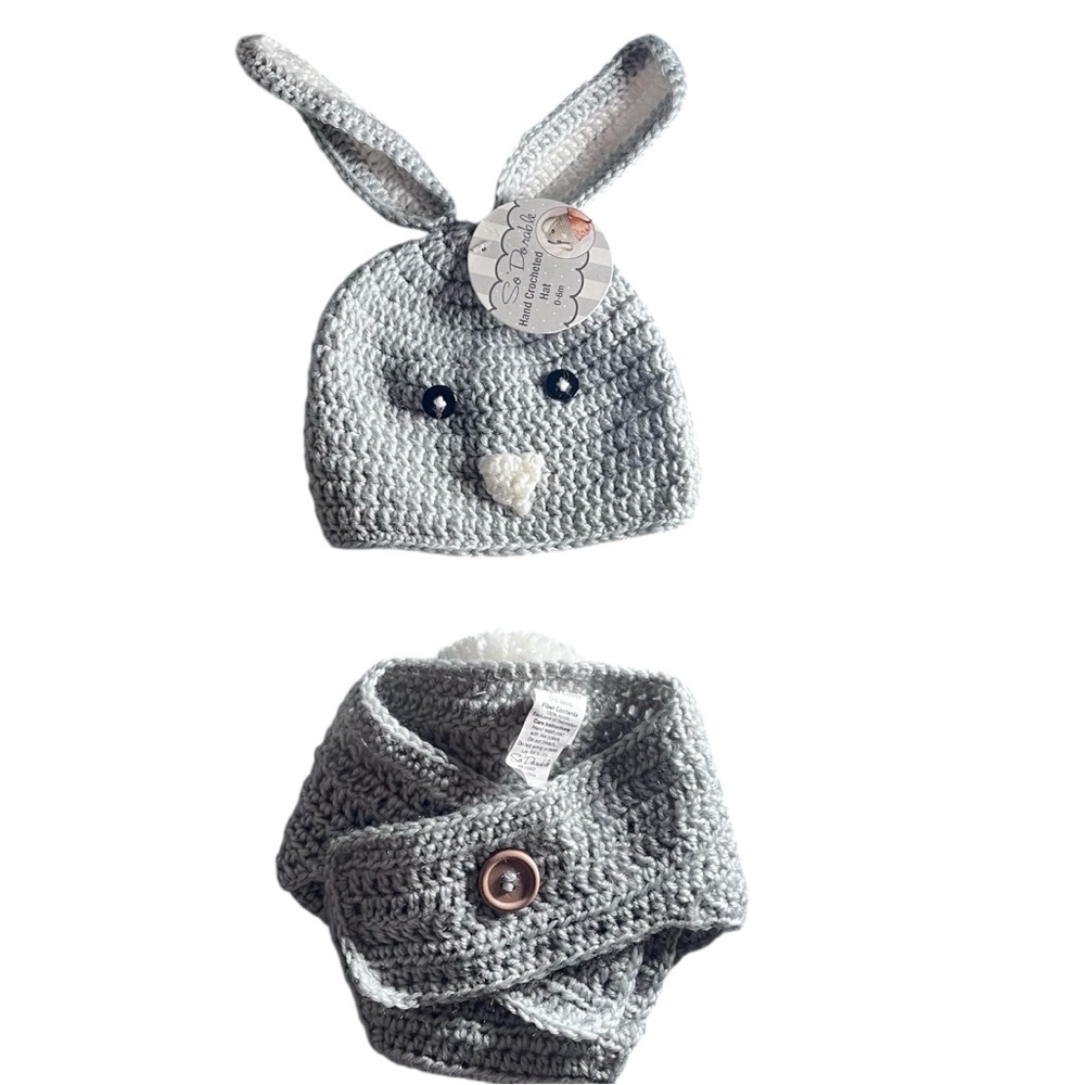 So Dorable Bunny Hand Crocheted Hat Diaper Cover Gray Ears Fluffy Tail Sz 0-6 M